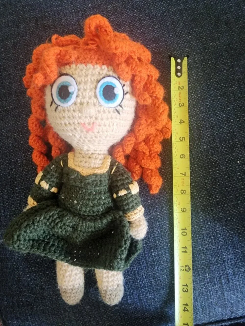 Handmade Crocheted Doll Merida with Red Hair, Green Dress and Accessories